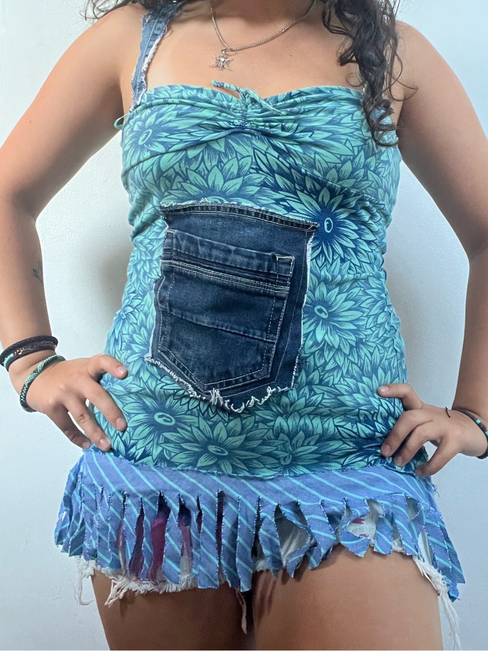 Blue Floral Twist-Front Tank Top with Denim Patch Pocket